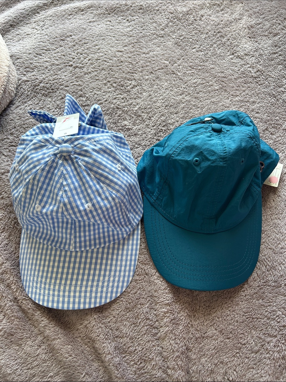 Unbranded Women's Blue Gingham Cap and Teal Baseball Hat Set of two.